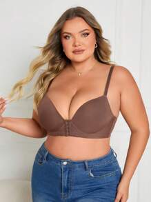 1pc Plus Size Women Wire-Rimmed Push-Up Fastening Lingerie Bra, Simple Solid Color - Coffee Brown - View 4
