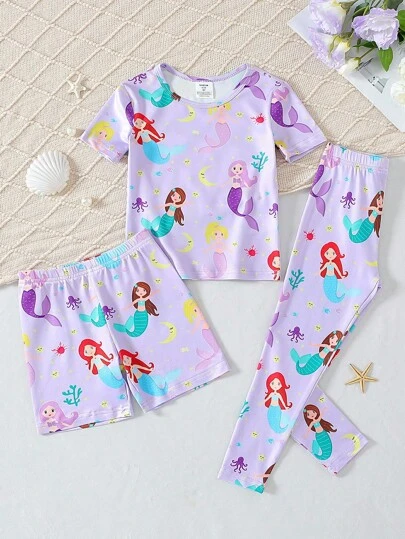 Bộ 3 áo phông in hình nàng tiên cá cho bé gái, quần short và quần bó