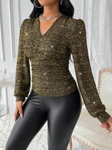 SHEIN Clasi Knitted Glittering Ruched Sexy Women Luxurious Long Sleeve T-Shirt