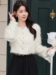 DAZY 女式素色前扣长袖简约毛绒针织上衣，休闲日常穿着，秋季女装 - 米色 - 查看 6