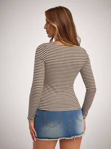 Forever 21 Women Casual Stripe Slim Long Sleeve T-Shirt, Autumn - Brown - View 2