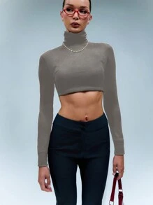 SHEIN Unity Top básico corto de cuello alto de unicolor, sexy - Gris Oscuro - Ver 7