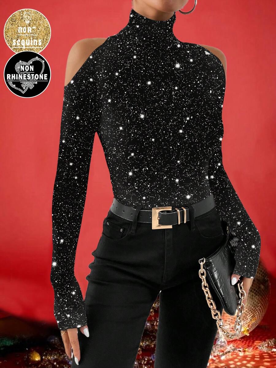 SHEIN Essnce Party Glittery Shoulder Cut-Out Tight Casual Minimalist Hollow-Out Shoulder T-Shirt For Women - White - View 1