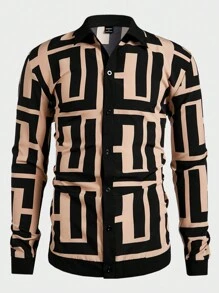 Manfinity Homme Men's Button-Front Long Sleeve Allover Print Casual Shirt & Pants Set - Black - View 3