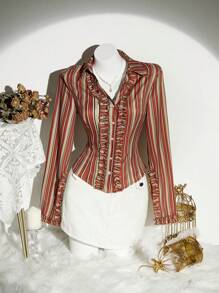 EgrlEra 女式复古条纹印花修身荷叶边下摆长袖衬衫