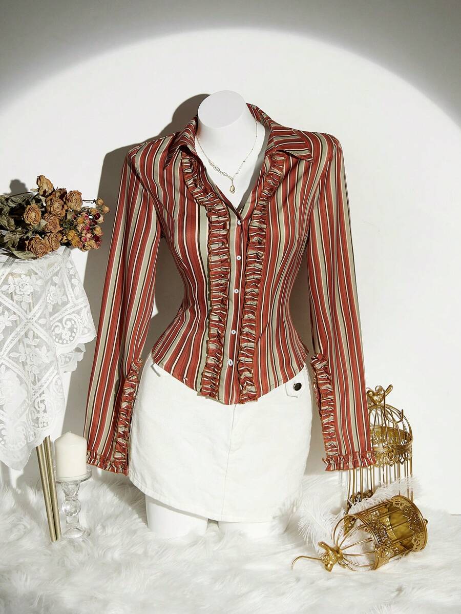 EgrlEra 女式复古条纹印花修身荷叶边下摆长袖衬衫