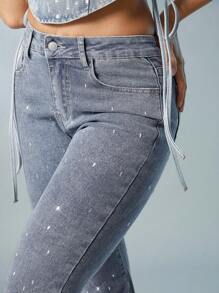 Denimoi 女装，女式蓝色休闲喇叭牛仔裤，镶钻，女式裤子，牛仔裤，女式牛仔裤，低腰牛仔裤。适合日常穿着 - 淺色水洗藍 - 查看 5