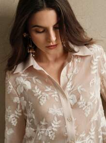 Anewsta Blusa con cuello bordado francés de diseño de lujo y exquisito - Albaricoque - Ver 6