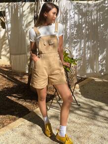 DAZY Women's Casual Solid Color Denim Bib Shorts - Khaki - View 5