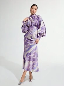 Modelyn Women Stand Collar Long Sleeve Simple Midi Casual Dress, For Daily Wear - Multicolor - View 2