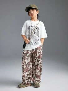 SHEIN Tween Boy Streetwear/Y2K Vintage Creative Metallic Flowing English Pattern Loose White Short-Sleeve T-Shirt, Suitable For Spring/Summer, Family Matching, Metal Letter Pattern - White - View 4