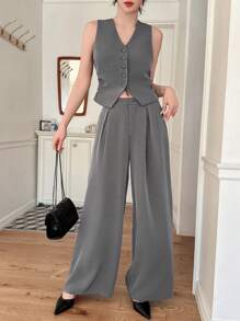 DAZY 2pcs Set Women Solid Color Vest And Wide Leg Pants Office Wear Work Women Clothes - Grey - View 3