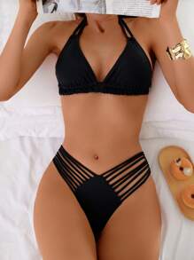 Halter Neck Bikini Top And String Bottom 2 Pieces Swimwear, Sexy Black Set Summer - Black - View 2
