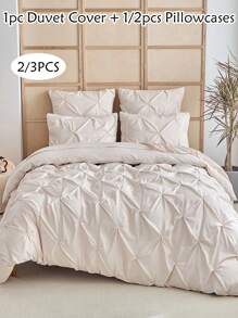 2/3pcs Beige Pleated Microfiber Duvet Cover Set, Minimalist Luxury Modern Polyester Pillow Sham Bedding Set, Suitable For All Seasons Queen (1 Duvet Cover + 1/2 Pillow Shams) - Khaki - View 1