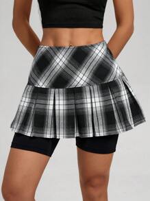 SHEIN Essnce Women's Simple Plaid Pleated Shorts, Casual Daily Wear - Multicolor - View 3