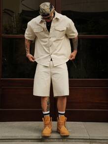 DAZY 2pcs/Set Men's Solid Color Casual Shorts & Short Sleeve Shirt Set - Grey - View 2