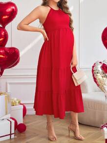 SHEIN Pregnant Women's Plain Color Spaghetti Strap Ruched Casual Dress - Red - View 3