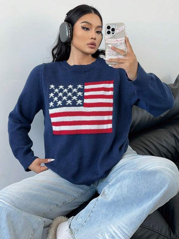 POPSWAY Plus Size Round Neck Long Sleeve Minimalist Graphic Detail Casual Sweater Top, Daily Wear Knit Pullover Fall Winter