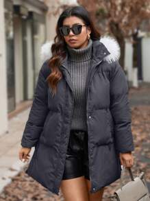Calvaya Plus Size Front Zipper Long Sleeve Furry Patchwork Casual Hooded Coat, Winter Coat