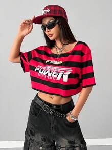 Coolane 女士夏季休闲运动 V 领露肩 T 恤、音乐节条纹服装 - 彩色 - 查看 4