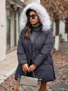 Calvaya Plus Size Front Zipper Long Sleeve Furry Patchwork Casual Hooded Coat, Winter Coat