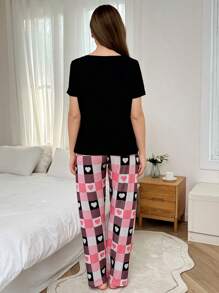 心形格子印花短袖上衣和裤子女士两件套睡衣套装 - 彩色 - 查看 2