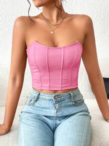 Firerie Pink Corset Solid PU Leather Crop Tube Top