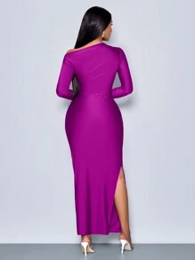 SOLERSUN Suitable For Christmas Party Vacation & Dating Elegant Asymmetric Neckline Ruched Side Bodycon Dress, Valentine's Day Dating Fall Cloth For Women - Purple - View 2
