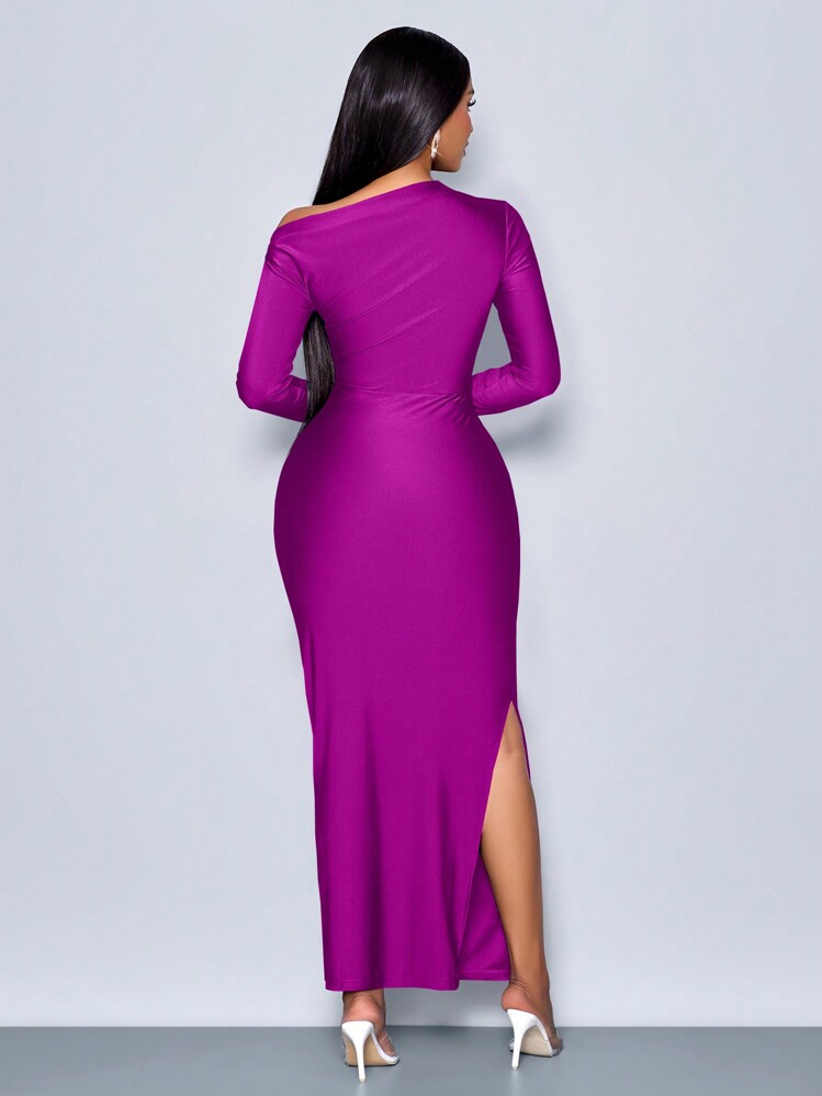 SOLERSUN Suitable For Christmas Party Vacation & Dating Elegant Asymmetric Neckline Ruched Side Bodycon Dress, Valentine's Day Dating Fall Cloth For Women - Purple - View 2