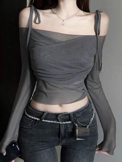 DAZY 女士纯色细肩带网眼面料长袖 T 恤，秋季女装