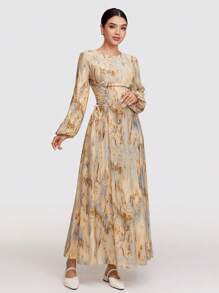 Mulvari Đầm thường ngày in họa tiết cổ tròn dài tay thu đông cho nữ - Rượu sâm banh - Xem 3