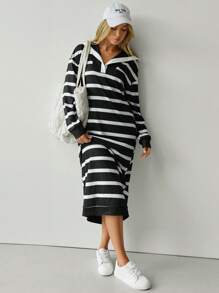 Hanevo 秋季女士黑白条纹休闲连衣裙 - 彩色 - 查看 4