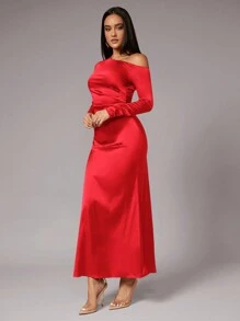 Silquee Robe longue en satin bordeaux à épaules dénudées pour femme, manches longues, pour l'automne et l'hiver.Robe longue femme, pour l'automne et l'hiver, robe de soirée, de mariage, de demoiselle d'honneur, de sortie, d'Halloween, de Noël et de vacances. Robe longue avec décolleté bas et drapé. - Rouge - Voir 4