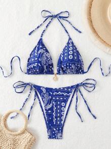 夏季女士性感蓝色印花三角吊带时尚比基尼套装