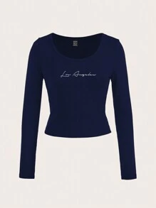 SHEIN EZwear 女款休閒深藍色短版上衣，長袖圓領基礎 T-shirt，適合外出穿著 - 藏蓝色 - 查看 5