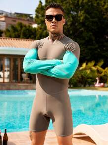 Manfinity Swimmode Men's Color Block Patchwork Long Sleeve One-Piece Swimsuit - Army Green - View 6
