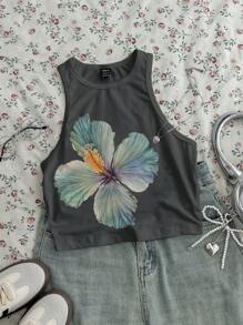 SHEIN EZwear Casual Floral Pattern Crew Neck Tight Women Camisole Tank Top, Suitable For Summer - Dark Grey - View 5