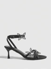 CUCCOO SZL Women's Rhinestone Mesh Butterfly Embellished Strap Round Toe Mid Heel Sandals, Sexy & Sweet, Suitable For Dating, Party, Night Club, Holiday, Black Spring Shoes Spring Break Easter Prom Heels - Black - View 8