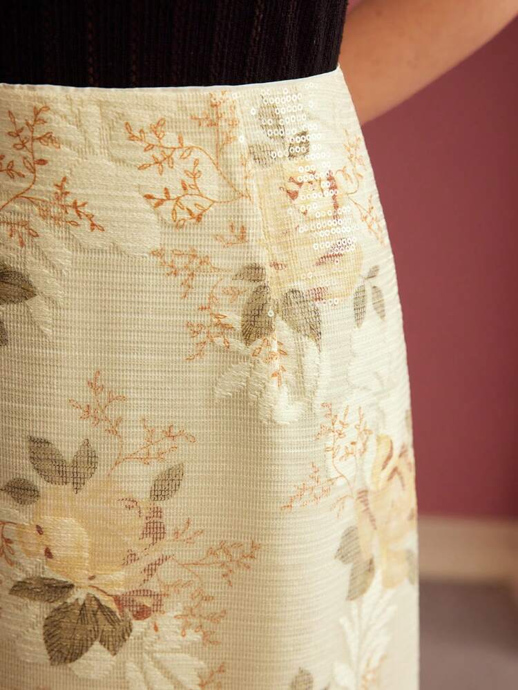 FLORAL PRINT SPLIT HEM A LINE SKIRT, SEQUINS,SPRING/SUMMER