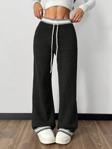 SHEIN Essnce 女士黑色撞色毛衣裤、保暖毛衣、宽松阔腿裤街头裤秋冬女、喇叭女裤、女牛仔裤、冬装、冬季女裤 - 黑色 - 查看 1