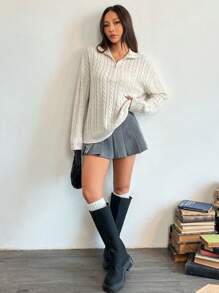 女士秋冬新品 Polo 领拉链套头衫柔软蓬松毛衣，复古设计纹理针织休闲上衣 - 米色 - 查看 7