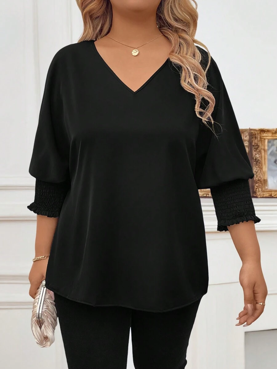 Plus Size Solid V-Neck Pullover Top, Casual Everyday Wear - Black - View 1