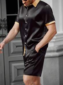 Manfinity Homme Men's Casual Colorblock Patchwork Short Sleeve Shirt And Shorts Set,Men Two Pieces Outfits