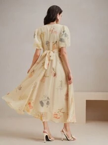 Anewsta 女式法式高端碎花 V 领收腰优雅夏季连衣裙，女式碎花连衣裙 - 杏色 - 查看 5