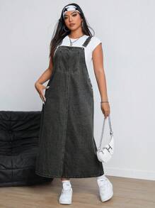 SHEIN ICON Plus Size Wide Strap Button Pocket Casual Denim Dress - Grey - View 3