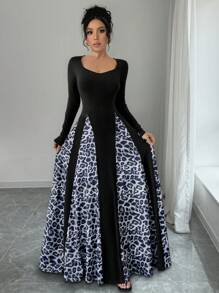 Chiquease Vestido de mujer de manga larga, cuello de corazón, estampado de leopardo en bloques de color, vestido largo de mujer para otoño/invierno