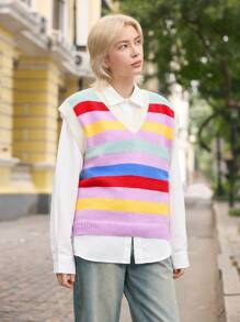 Skyraze Cardigan tricoté arc-en-ciel surdimensionné pour femmes, motif géométrique