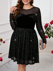 SHEIN Clasi 大码休闲网眼拼布圆领长袖短裙新年女装新年女装新年服装女装新年服装女装/女士新年礼服除夕服装新年派对礼服黑色连衣裙优雅闪亮生日服装女装情人节 - 黑色 - 查看 8