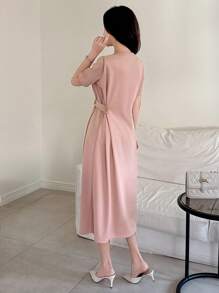 DAZY Solid Color Round Neck Loose T-Shirt Dress For Women, Mid-Length Sundress - Pink - View 2