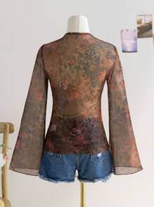 Soleia Áo cánh thời trang bó sát tay loe đan lưới in họa tiết cổ chữ V cho nữ, thích hợp cho kỳ nghỉ, tiệc tùng, lễ hội âm nhạc, lễ Phục sinh, lễ hội hóa trang, trà chiều, xuân/hè - Nhiều màu - Xem 7